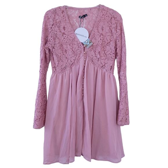 New BooHoo Lace Dress Size 8 Blush Pink Long Sleeve Boho Balletcore Romantic - Picture 2 of 7
